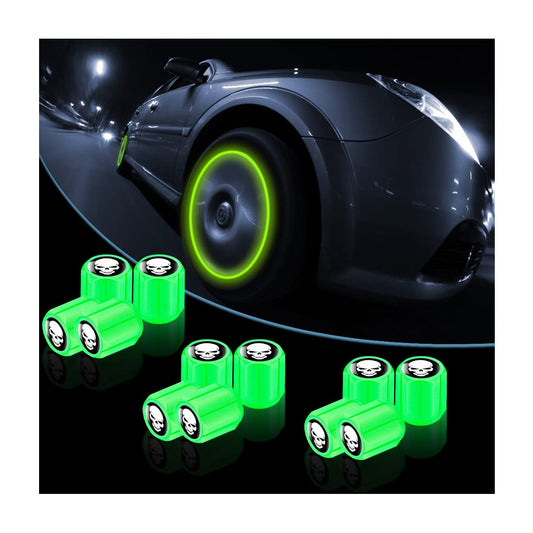 12PCS Fluorescent Skull Car Tire Valve Stem Caps, ABS Corrosion Resistant Wheel Valve Cover, Luminous Illuminated Cap Glow in The Dark, Auto Decor Accessories for Motorcycles Bicycles