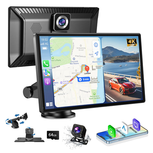 9" Wireless CarPlay Screen with 4K Dash Cam, Portable Carplay & Android Auto, 1080P Backup Camera, Touchscreen Car Stereo with GPS, Mirror Link, Siri, Bluetooth