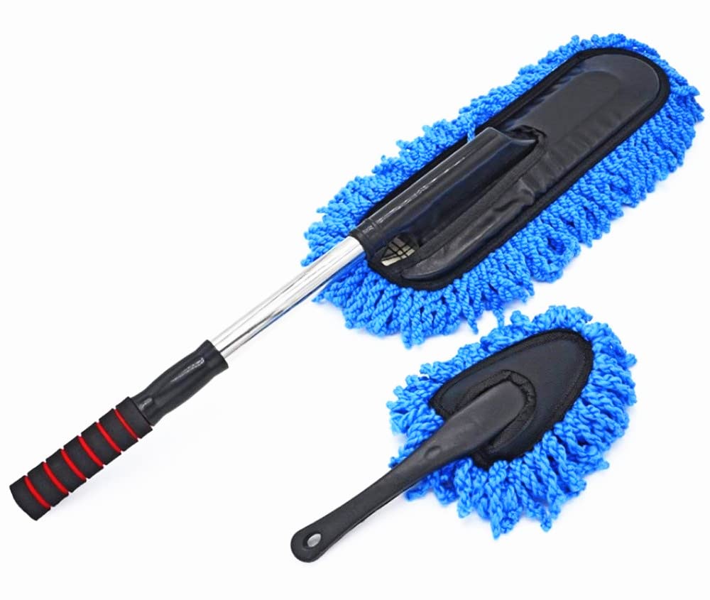 Removable Telescopic Car Wax Brush & Nano Fiber Dusting Mop, Exterior & Interior Cleaning Kit (2-Piece Set, Premium Car Duster & Dash Duster, Blue)