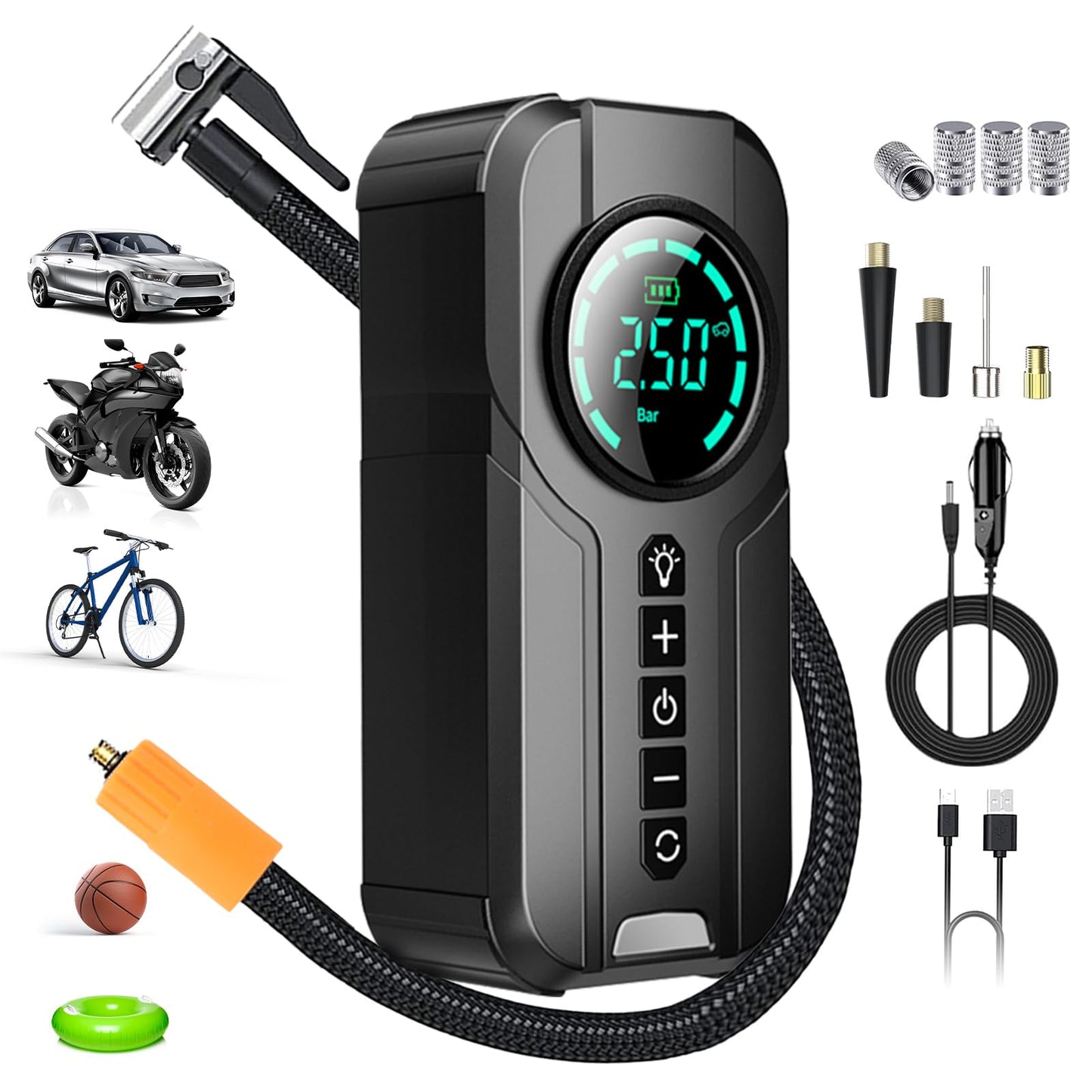 Cordless Tire Inflator 150 PSI, Portable Air Compressor with 6000mAh Battery, Quick Inflation for Car, Motorcycle, Bike, Balls, USB-C Rechargeable, Also Functions as Flashlight & Power Bank