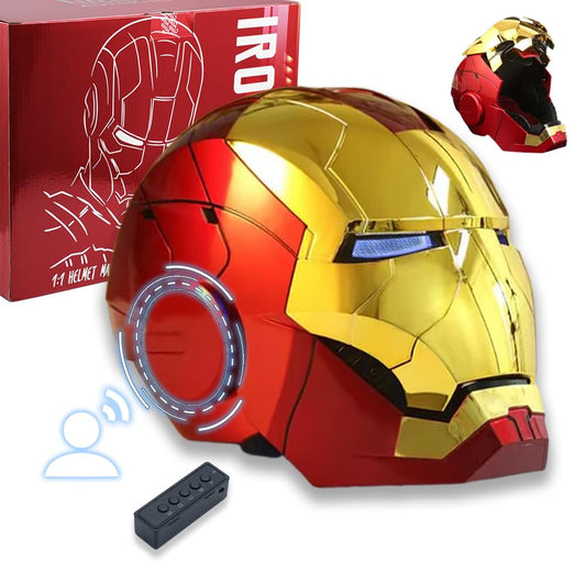 Iron Man Mark 5 Helmet, Electronic 1:1 Scale with Voice Control, LED Eyes & Sound Effects, Remote Control Open/Close, Gold Superhero Movie Prop