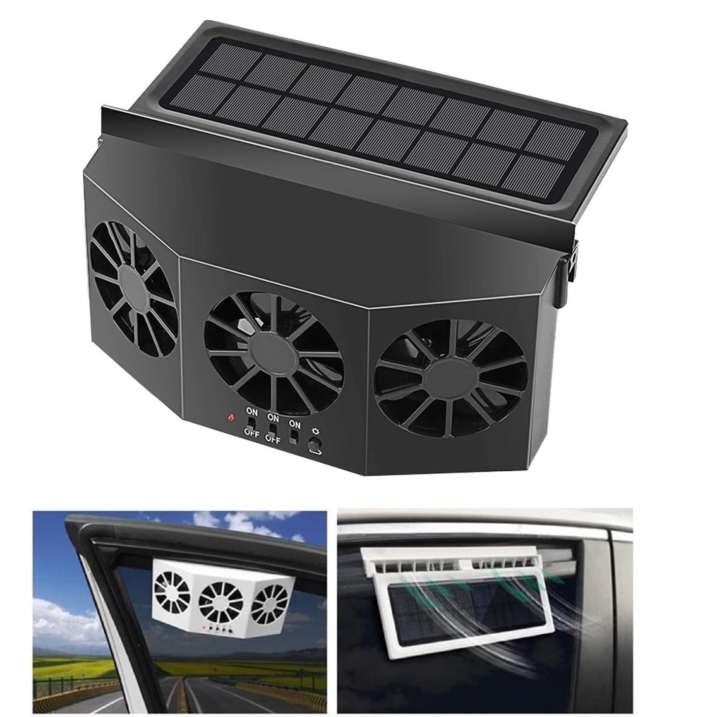 Solar Powered 3 Fan Car Exhaust Fan,Car Radiator Fan, Energy Saving Air Vent Radiator Air Purifiers 2W ABS（Black）