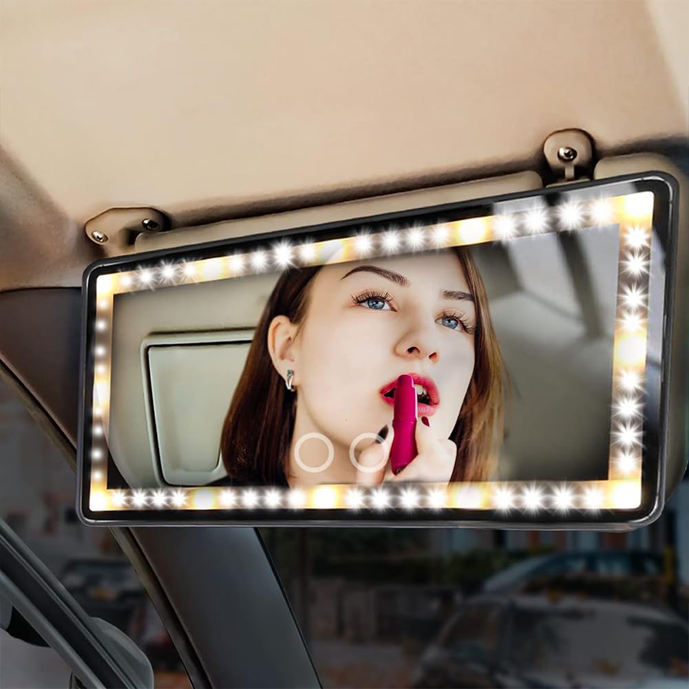 LED Car Visor Makeup Mirror, Rechargeable Vanity Mirror with 60 LEDs, 3 Light Modes & Dimmable Touch Control for Car, Truck, SUV