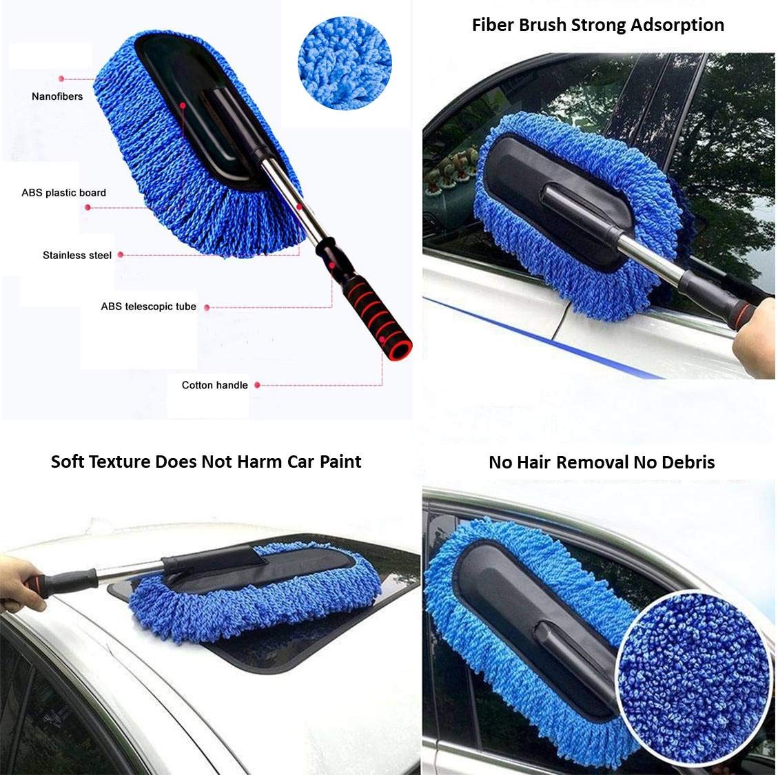 Removable Telescopic Car Wax Brush & Nano Fiber Dusting Mop, Exterior & Interior Cleaning Kit (2-Piece Set, Premium Car Duster & Dash Duster, Blue)