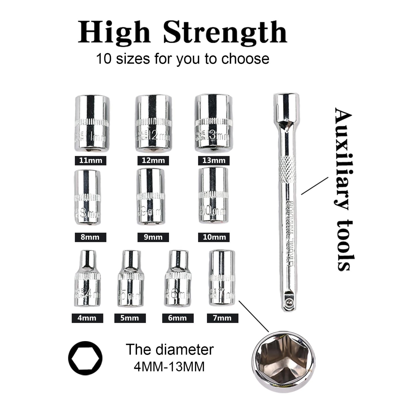 12PCS 1/2 Inch Ratchet Socket Wrench Set, Drive Socket Set with 10 Sockets (10-24mm), Quick Release Ratchet Handle & Extension Bar