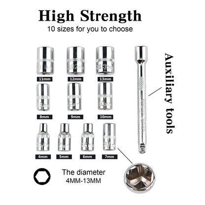 12PCS 1/2 Inch Ratchet Socket Wrench Set, Drive Socket Set with 10 Sockets (10-24mm), Quick Release Ratchet Handle & Extension Bar