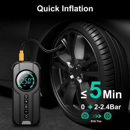 Cordless Tire Inflator 150 PSI, Portable Air Compressor with 6000mAh Battery, Quick Inflation for Car, Motorcycle, Bike, Balls, USB-C Rechargeable, Also Functions as Flashlight & Power Bank