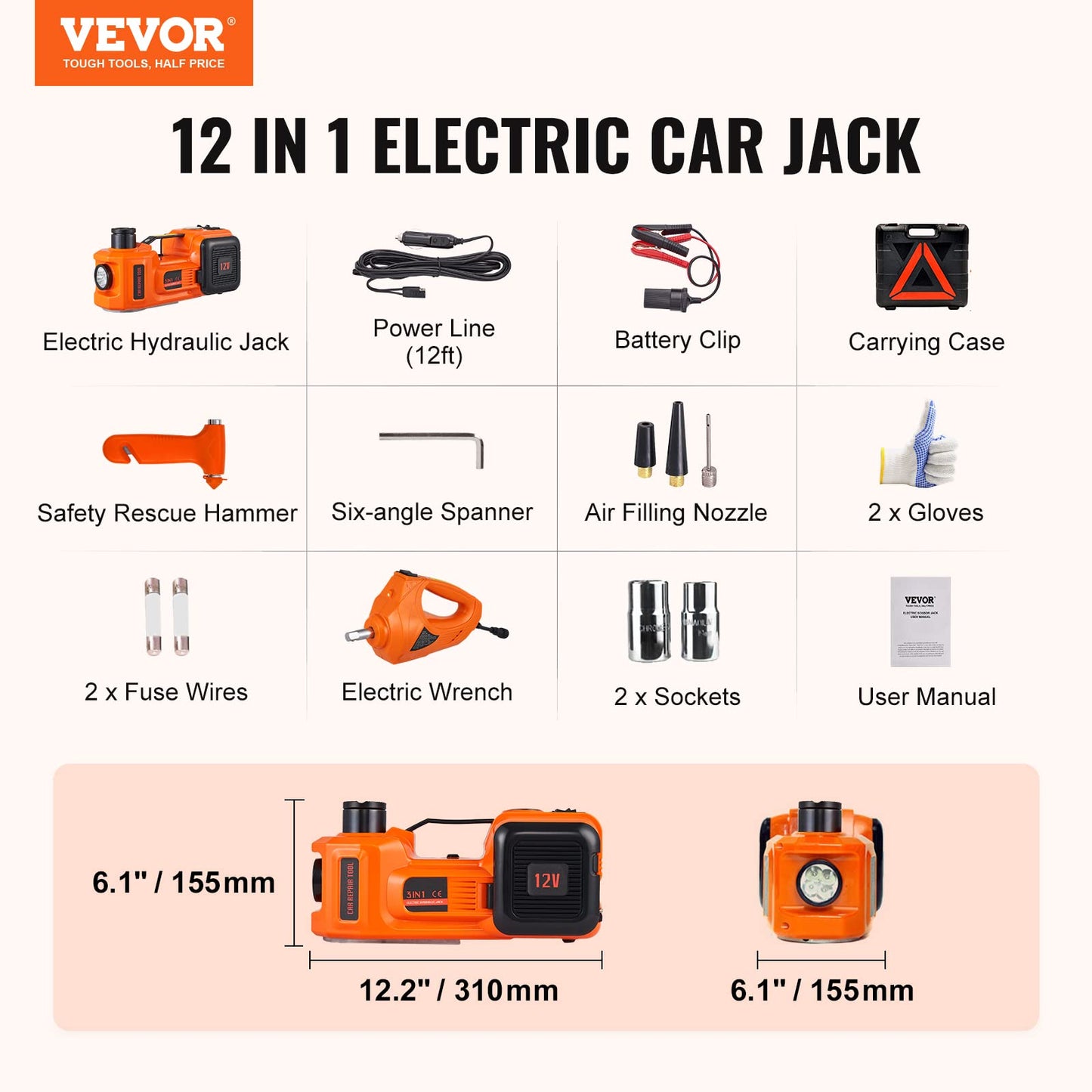 5 Ton Electric Car Jack with Hydraulic Lift, Impact Wrench, Inflatable Pump, and LED Light for SUV, MPV,Sedan, Truck Tire Change