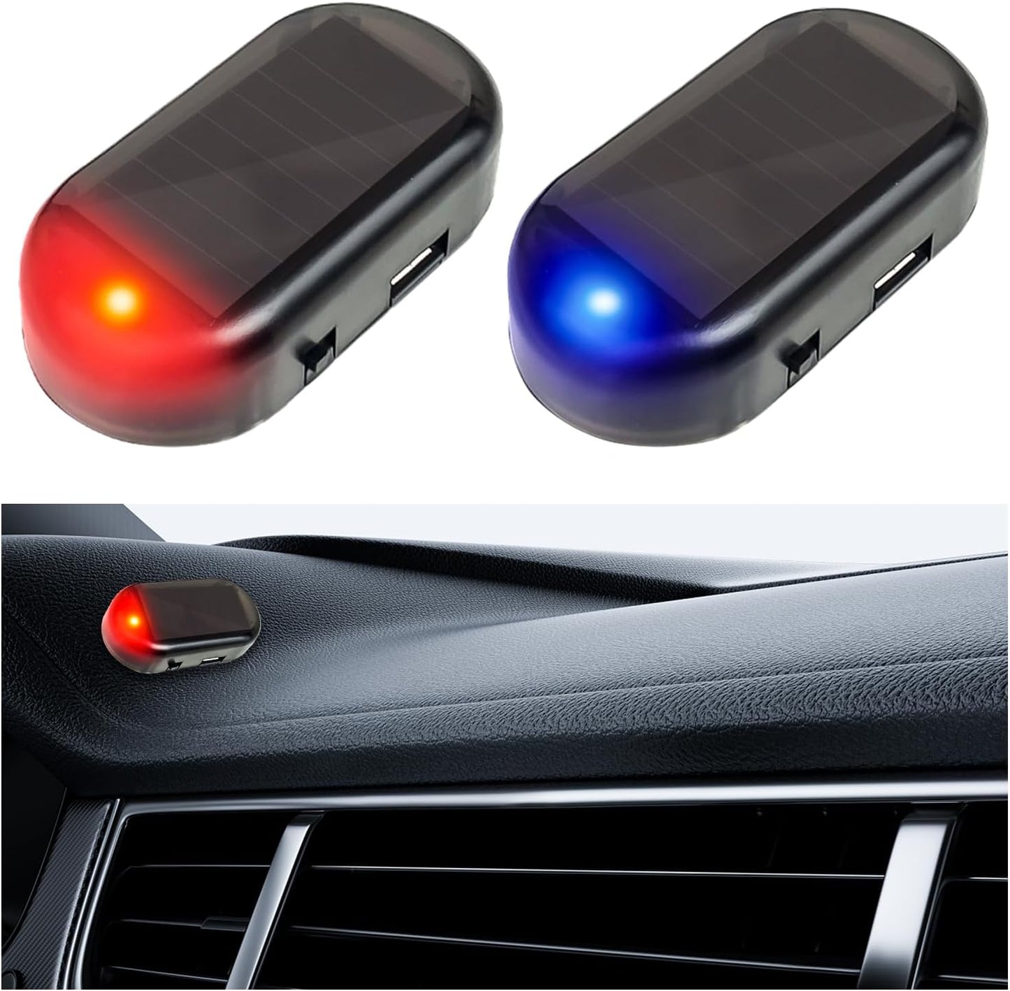 Solar Power Fake Car Alarm LED Light, Blue & Red Light (White) Simulated Dummy Warning Anti-Theft LED Flashing Security Light, Car Alarm System Lamp with USB Port