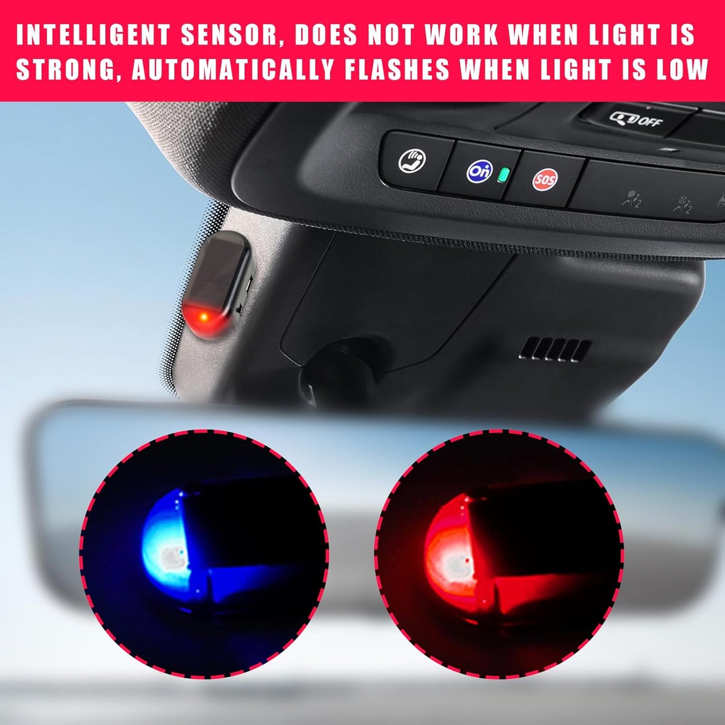 Solar Power Fake Car Alarm LED Light, Blue & Red Light (White) Simulated Dummy Warning Anti-Theft LED Flashing Security Light, Car Alarm System Lamp with USB Port