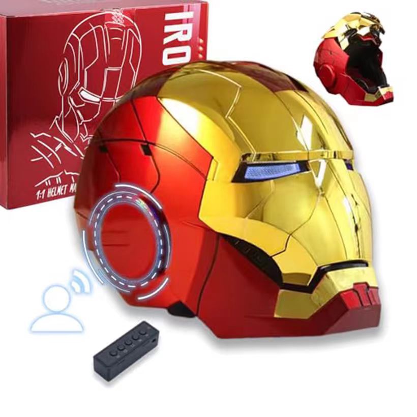 Iron Man Mark 5 Helmet, Electronic 1:1 Scale with Voice Control, LED Eyes & Sound Effects, Remote Control Open/Close, Gold Superhero Movie Prop